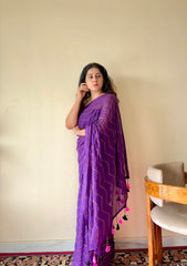 Indrani Deep Purple Cotton Mulmul Saree with Gold Stripes and Tassels - Qatha 
