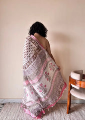 Bela Linen Cotton Bagru Handblock Printed Saree | White Pink