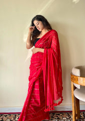Rooh Red Soft Mulmul Cotton Gold Sequin Stripe Saree - Qatha 