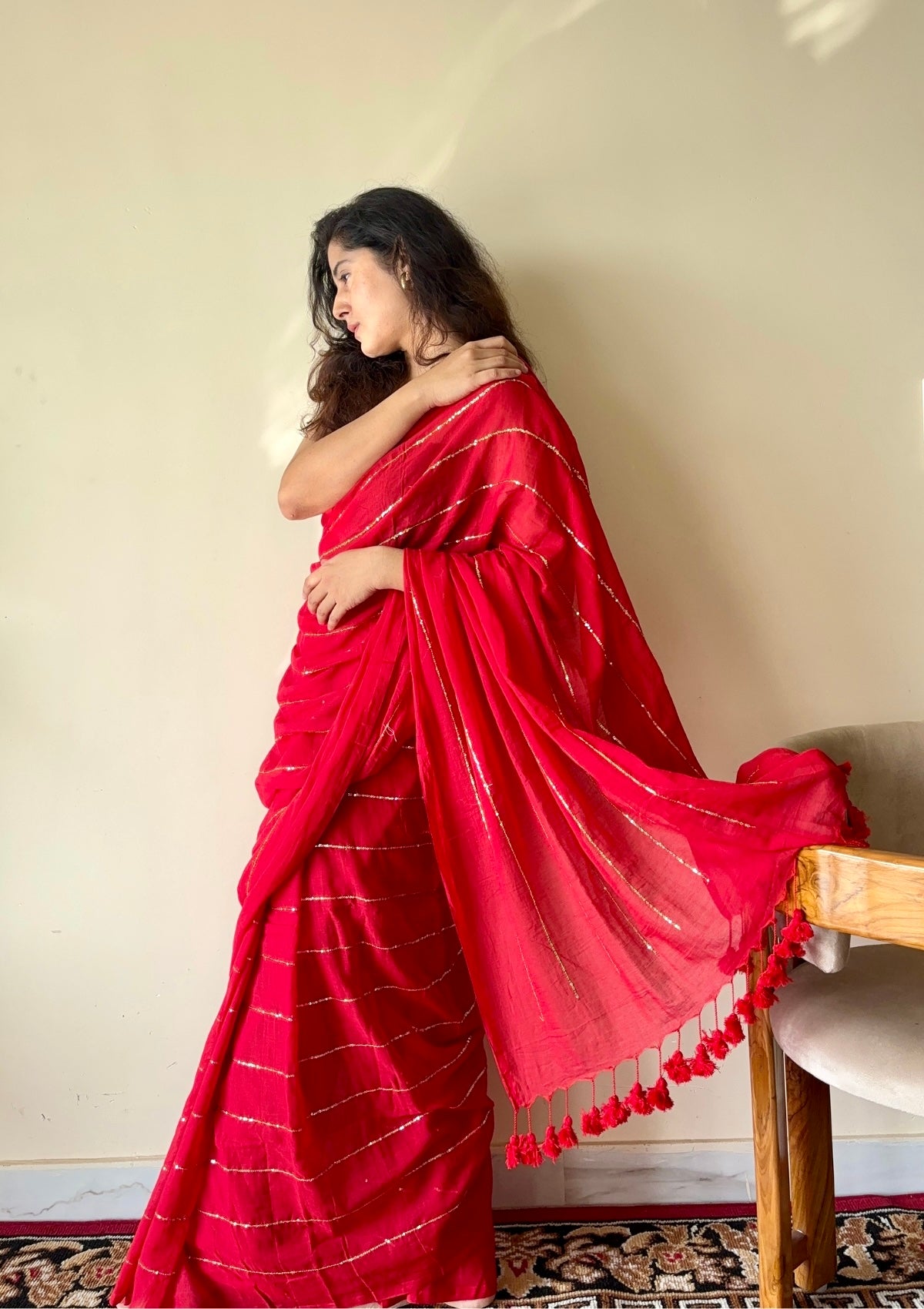 Rooh Red Soft Mulmul Cotton Gold Sequin Stripe Saree - Qatha 