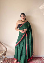 Vanya | Forest Green Handloom Cotton Saree with Sequin Accents