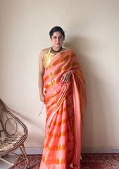 Suhana | Peach Coral Handloom Cotton Saree with Zari Stripes