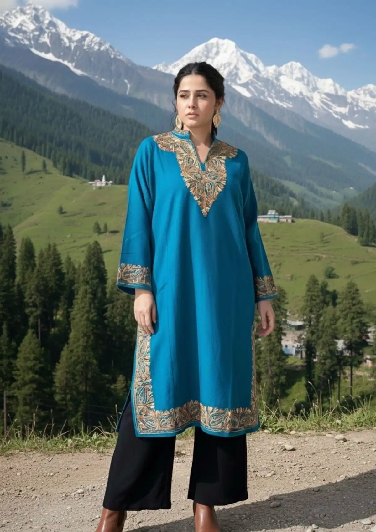Rooni | Teal Blue Woollen Kashmiri Phiran with Floral Aari Embroidery