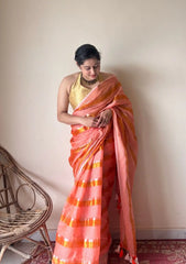 Suhana | Peach Coral Handloom Cotton Saree with Zari Stripes