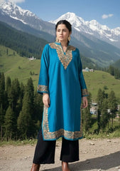 Rooni | Teal Blue Woollen Kashmiri Phiran with Floral Aari Embroidery