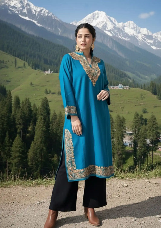 Rooni | Teal Blue Woollen Kashmiri Phiran with Floral Aari Embroidery