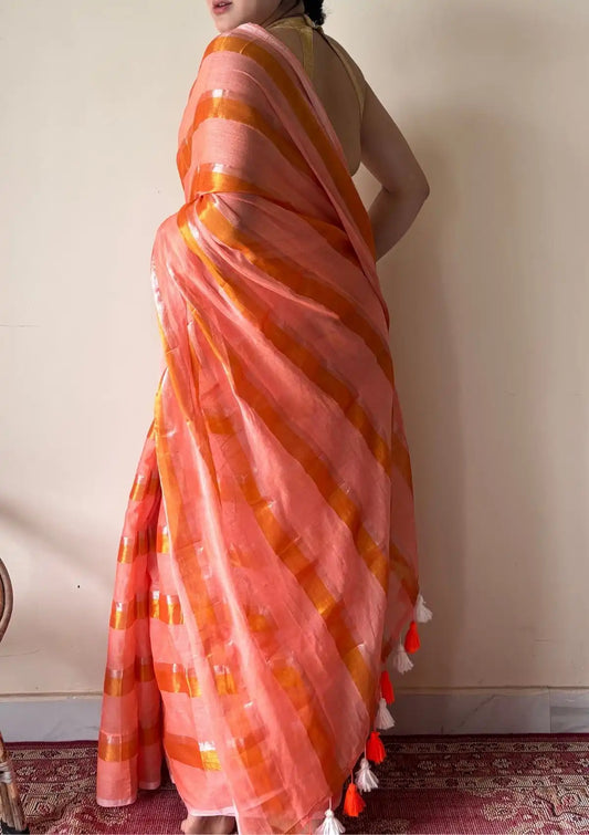 Suhana | Peach Coral Handloom Cotton Saree with Zari Stripes