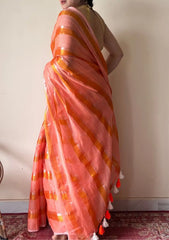 Suhana | Peach Coral Handloom Cotton Saree with Zari Stripes