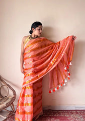 Suhana | Peach Coral Handloom Cotton Saree with Zari Stripes