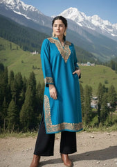 Rooni | Teal Blue Woollen Kashmiri Phiran with Floral Aari Embroidery
