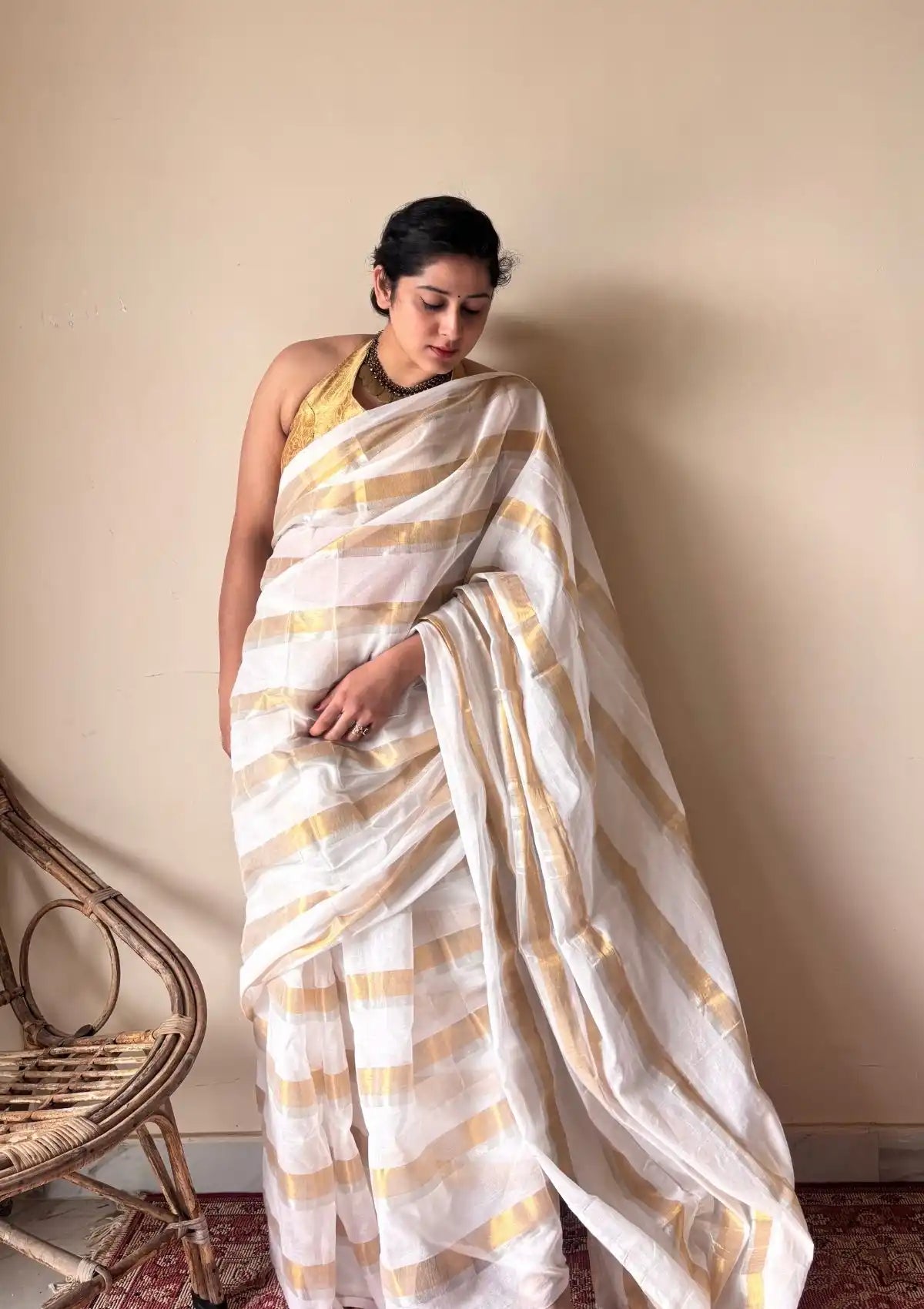Gauri |  Ivory White Gold Handloom Cotton Saree with Zari Stripes