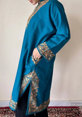 Rooni | Teal Blue Woollen Kashmiri Phiran with Floral Aari Embroidery