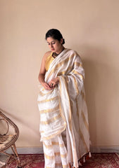 Gauri |  Ivory White Gold Handloom Cotton Saree with Zari Stripes