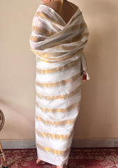 Gauri |  Ivory White Gold Handloom Cotton Saree with Zari Stripes