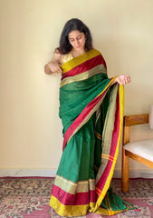Aarini Green Temple Border Handloom Pure Cotton Saree - Qatha 