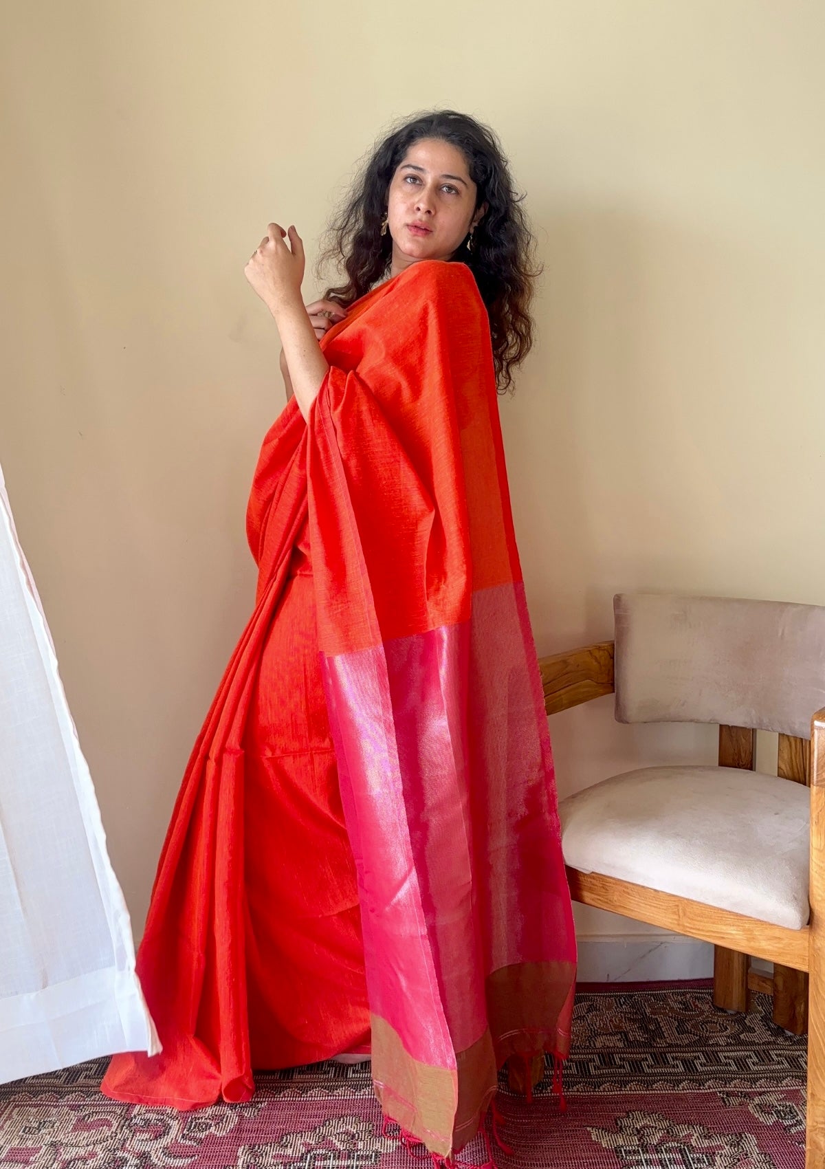 Sanjhvi Orange with Pink Tissue Pallu Pure Cotton Saree - Qatha