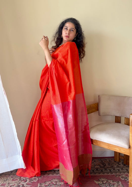 Sanjhvi Orange with Pink Tissue Pallu Pure Cotton Saree - Qatha
