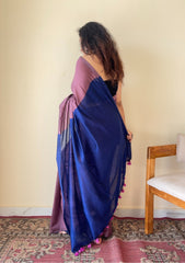 Chitrangada Jamuni with Blue Pallu Mul Cotton Saree with Tassels - Qatha 