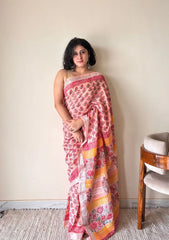 Kasturi Linen Cotton Bagru Handblock Printed Saree | Peach