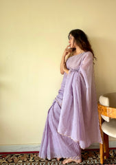 Lavanya Light Purple Soft Mulmul Cotton Saree with Gold Zari Stripes and Scalloped Border - Qatha 