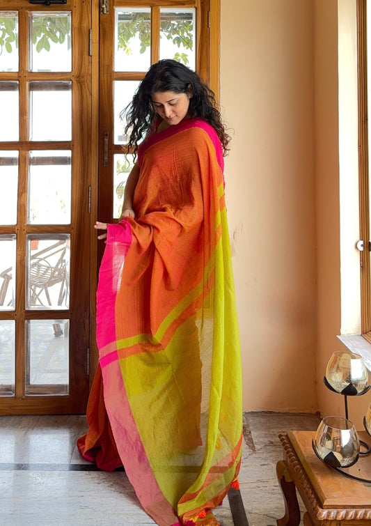 Charu Orange and Lime Green Pure Handloom Cotton Saree With Tassels