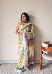Basanti Linen Cotton Bagru Handblock Printed Saree | Yellow White