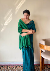 Mrinalini Peacock Blue and Green Soft Cotton Mulmul Saree with Tassels - Qatha 