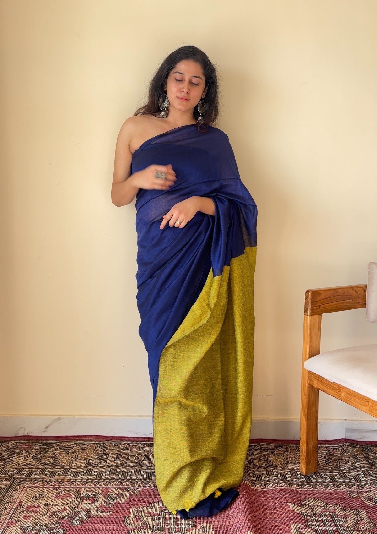 Neelaya Blue and Yellow Pallu Mul Cotton Saree with Tassels - Qatha