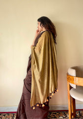 Yogini Brown and Beige Pure Cotton Saree with Tassels - Qatha 