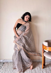 Meghna Kota Doria Cotton Silk Handblock Saree | Brown Grey