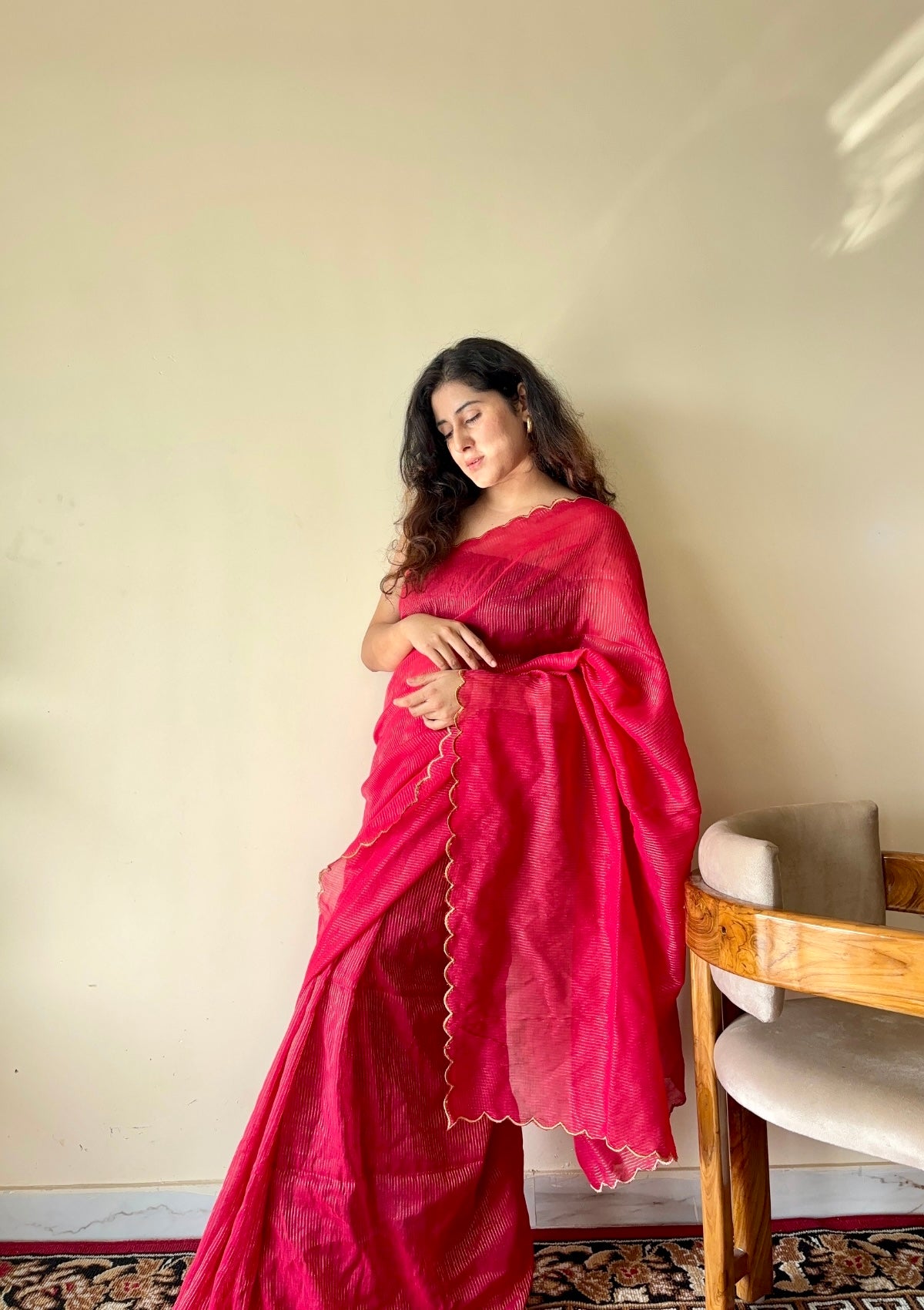 Aria  Red Soft Mulmul Cotton Saree with Gold Stripes and Scalloped Border - Qatha 