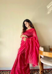Aria  Red Soft Mulmul Cotton Saree with Gold Stripes and Scalloped Border - Qatha 
