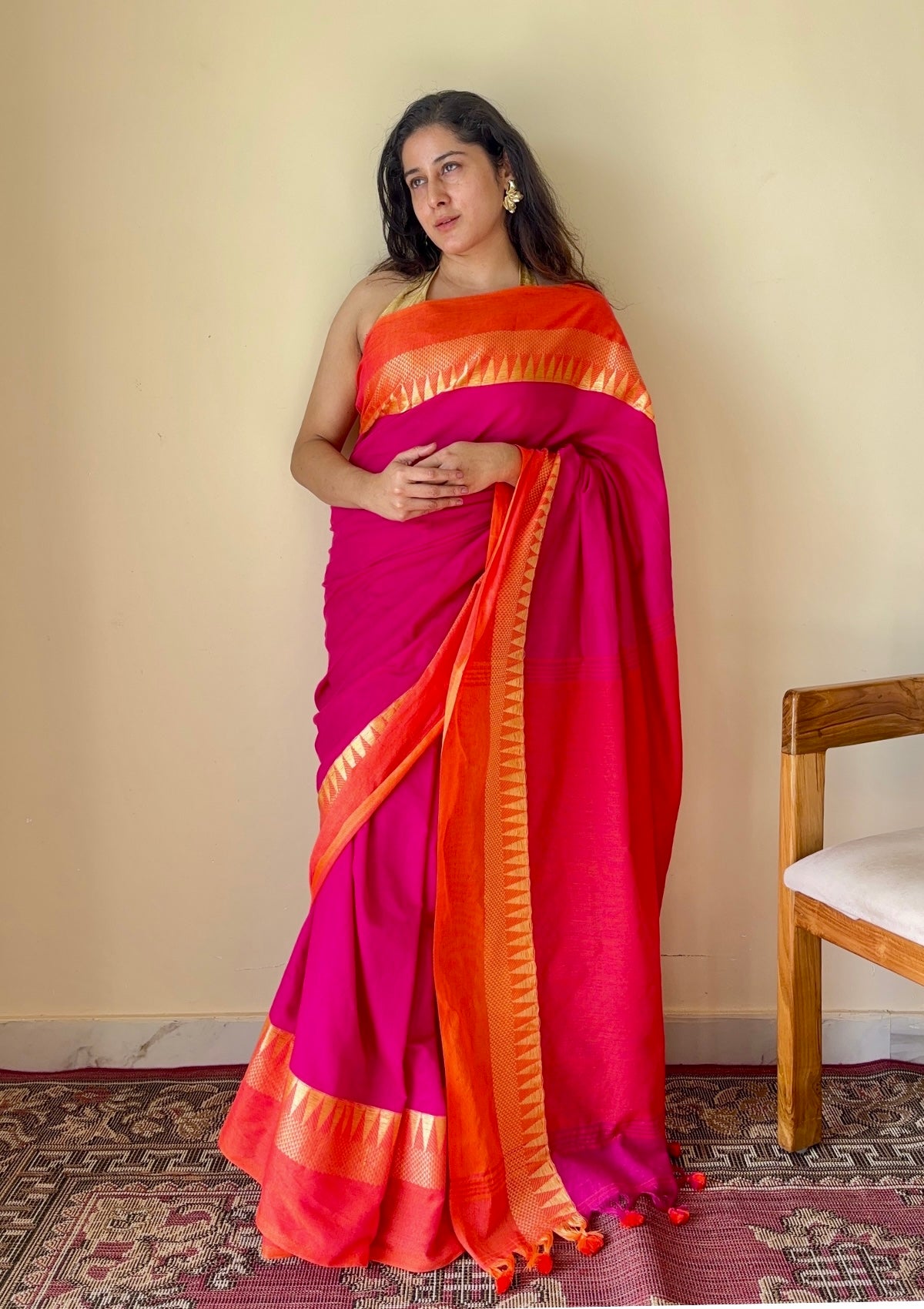 Tarangini Rani Pink Temple Border Handloom Pure Cotton Saree - Qatha 