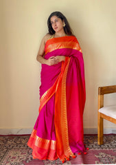 Tarangini Rani Pink Temple Border Handloom Pure Cotton Saree - Qatha 