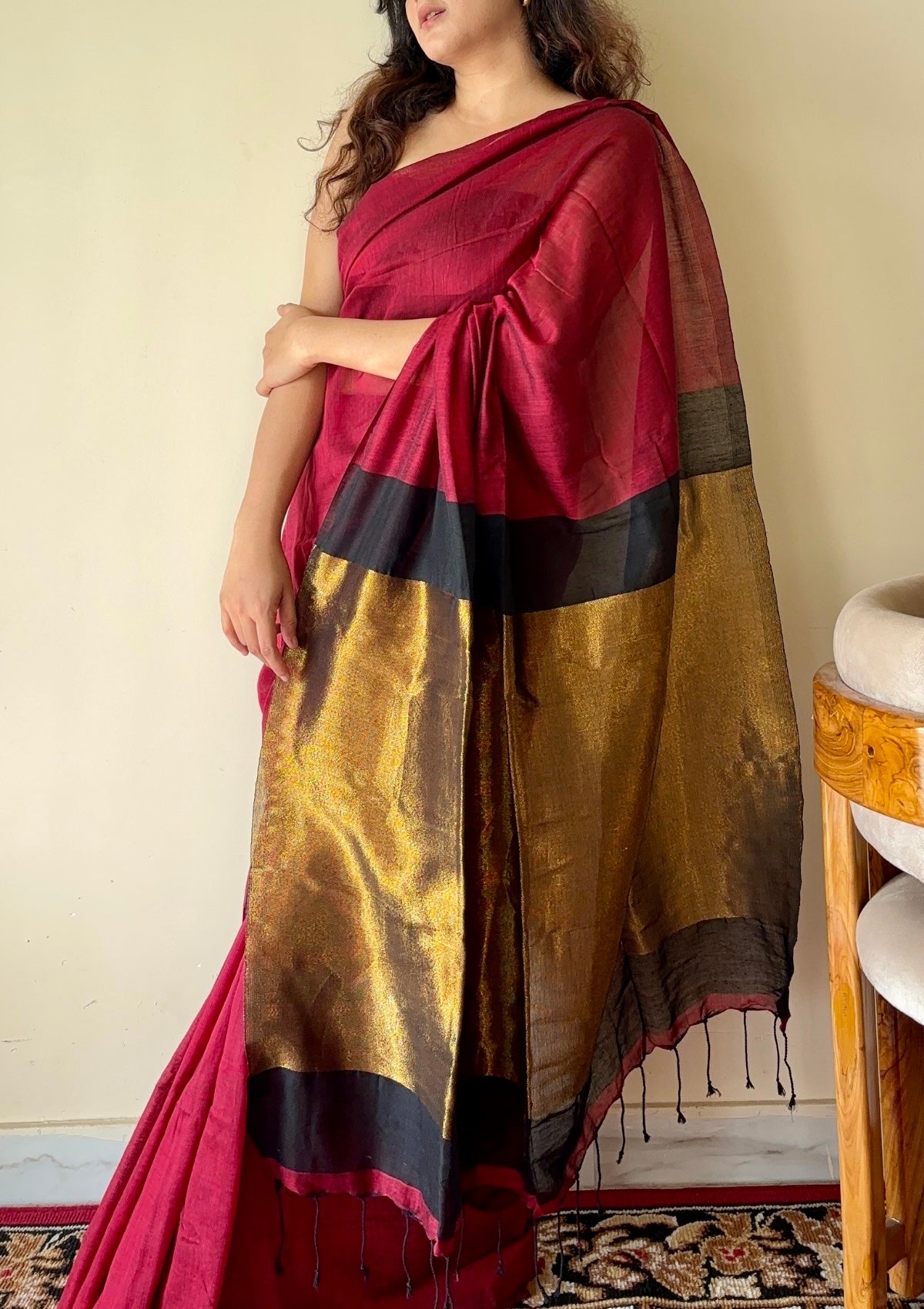 Tarini  Maroon and Black Pure Cotton Saree with Color Block Gold Tissue Border - Qatha 