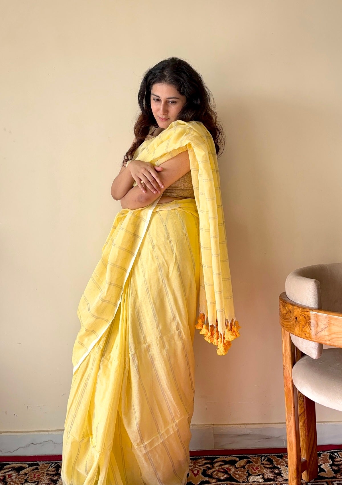 Harini Yellow Mulmul Cotton Gold Zari Striped Saree with Tassels - Qatha 