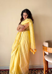 Harini Yellow Mulmul Cotton Gold Zari Striped Saree with Tassels - Qatha 