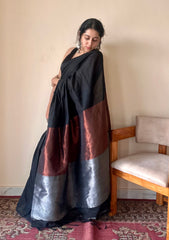 Tamira Black Pure Handloom Cotton Saree with Silver and Copper Tissue Pallu - Qatha 
