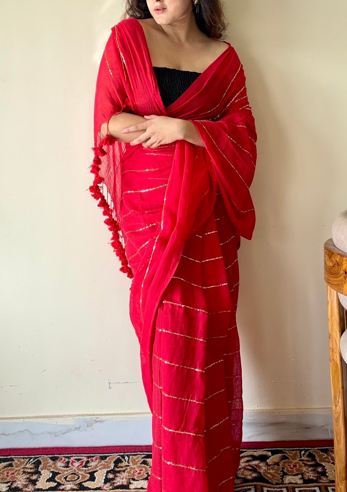 Rooh Red Soft Mulmul Cotton Gold Sequin Stripe Saree - Qatha 
