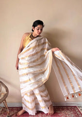 Gauri |  Ivory White Gold Handloom Cotton Saree with Zari Stripes
