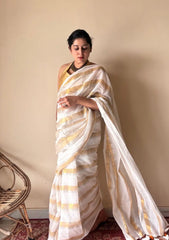 Gauri |  Ivory White Gold Handloom Cotton Saree with Zari Stripes