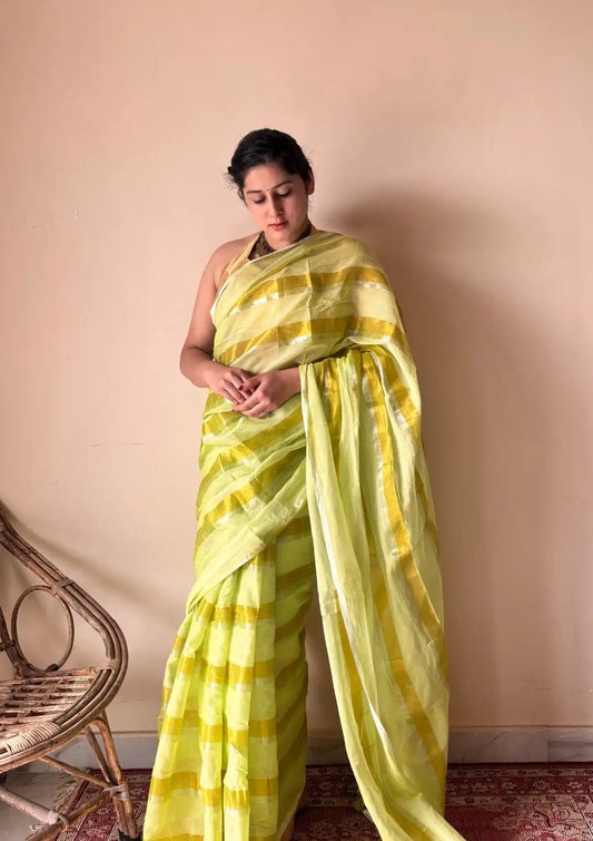 Anya | Lime YellowHandloom Cotton Saree with Zari Stripes