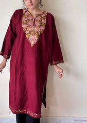 Mehr | Maroon Woollen Kashmiri Phiran with Floral Embroidery