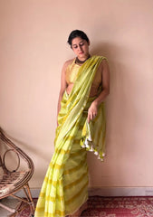 Anya | Lime YellowHandloom Cotton Saree with Zari Stripes