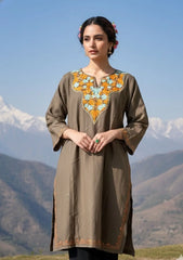 Rumi | Light Brown Woollen Kashmiri Phiran with Floral Aari Embroidery
