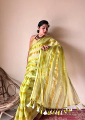 Anya | Lime YellowHandloom Cotton Saree with Zari Stripes