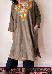 Rumi | Light Brown Woollen Kashmiri Phiran with Floral Aari Embroidery