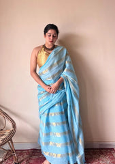Neela | Sky Blue Handloom Cotton Saree with Zari Stripes
