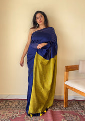 Neelaya Blue and Yellow Pallu Mul Cotton Saree with Tassels - Qatha