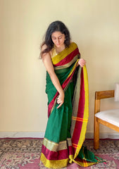 Aarini Green Temple Border Handloom Pure Cotton Saree - Qatha 